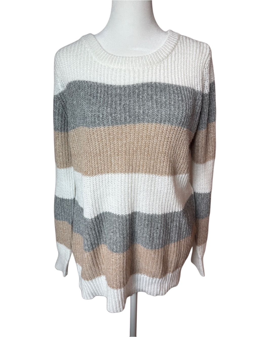 NWT Pink Clover Striped Sweater Size L Beige Gray White